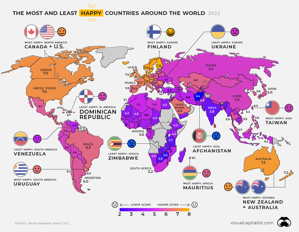 The Most and Least Happy Countries Around the World
